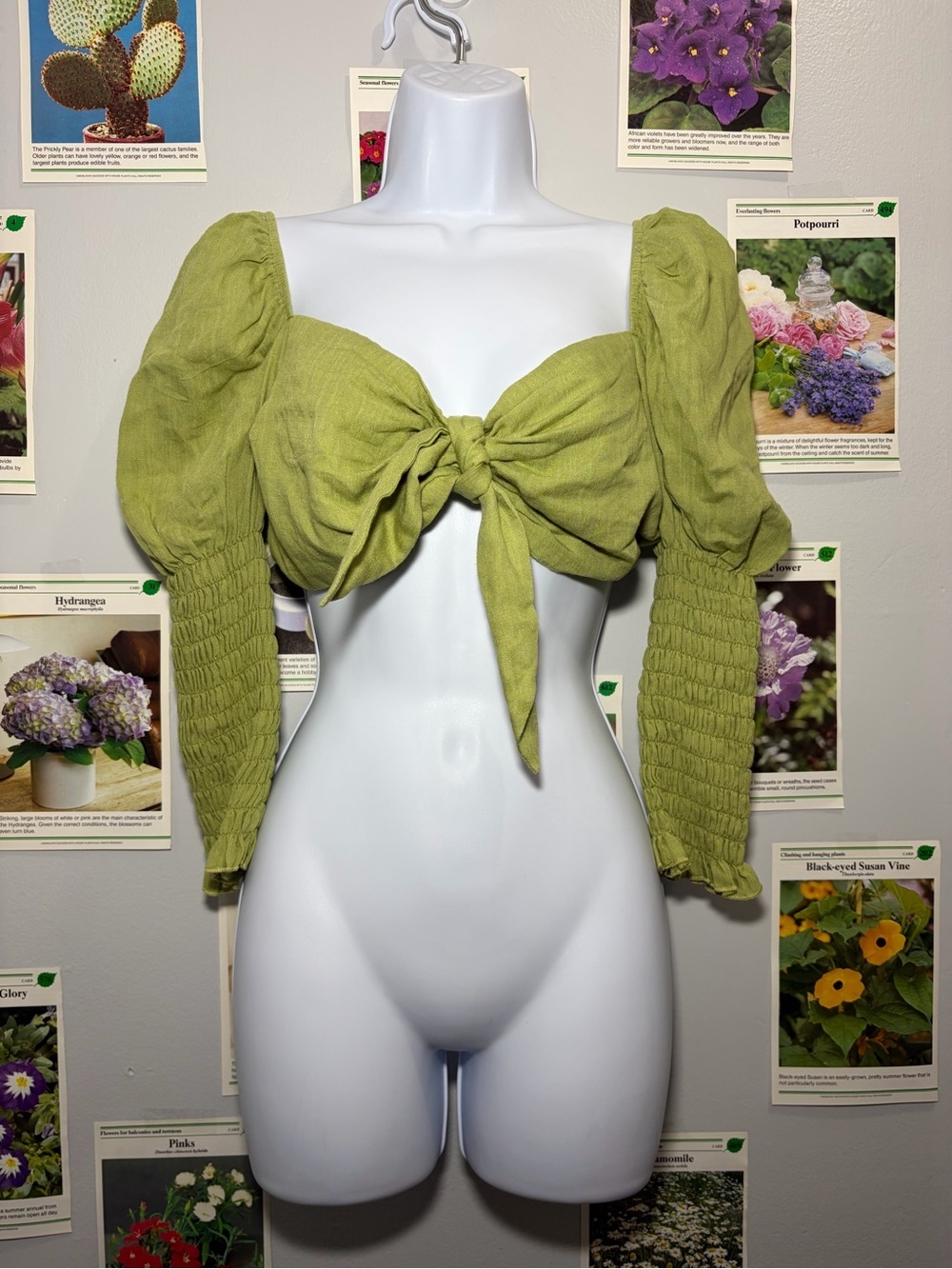 Lulu's Olive Tie-Front Puff Sleeve Crop Top